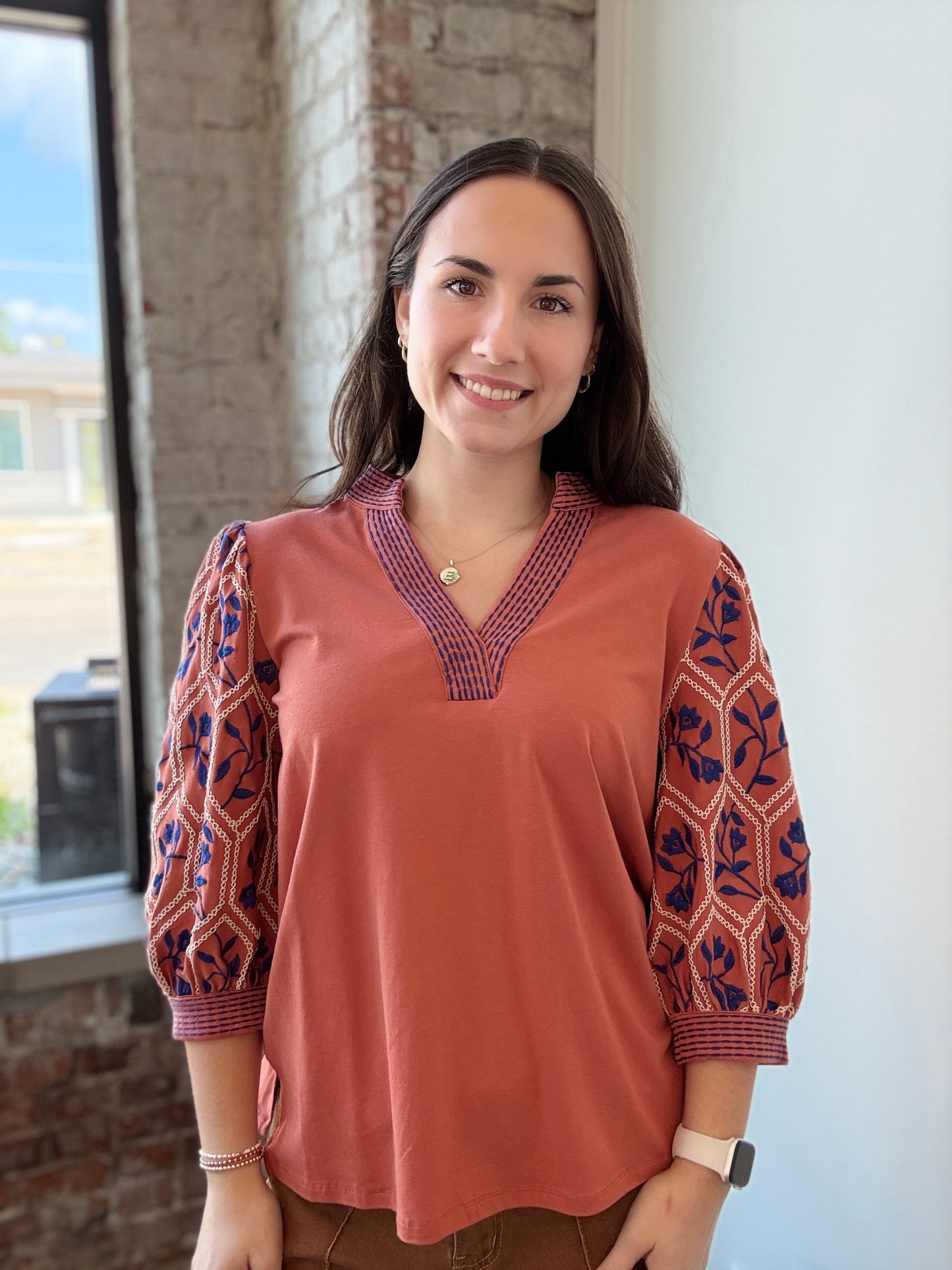 BURNT ORANGE AND CREAM EMBROIDERED BLOUSE