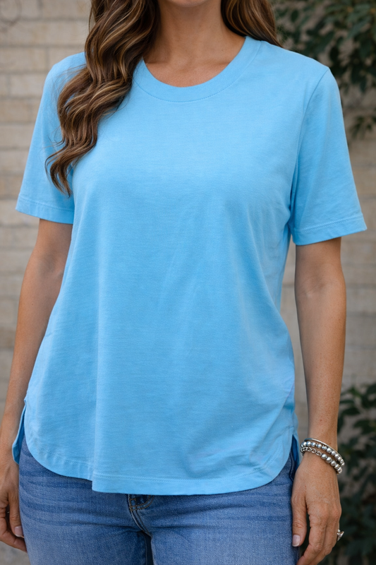 Wild Palms Turquoise Elbow Sleeve Curved Hem Tee