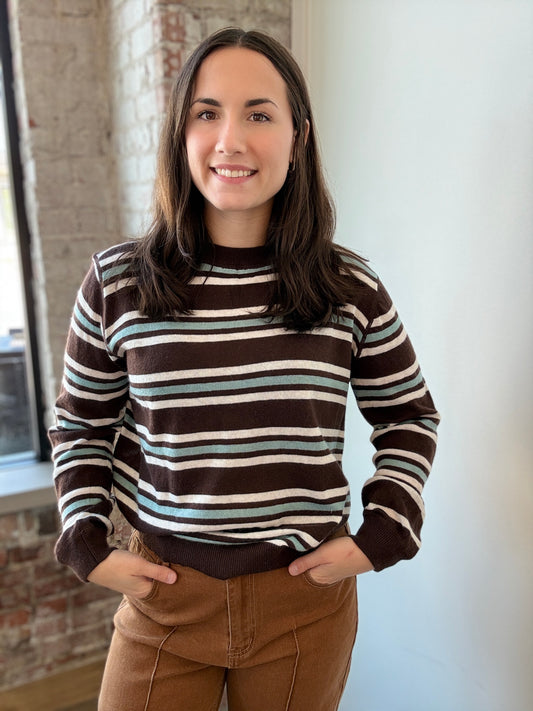 CHOCOLATE AND TEAL STRIPE SWEATER