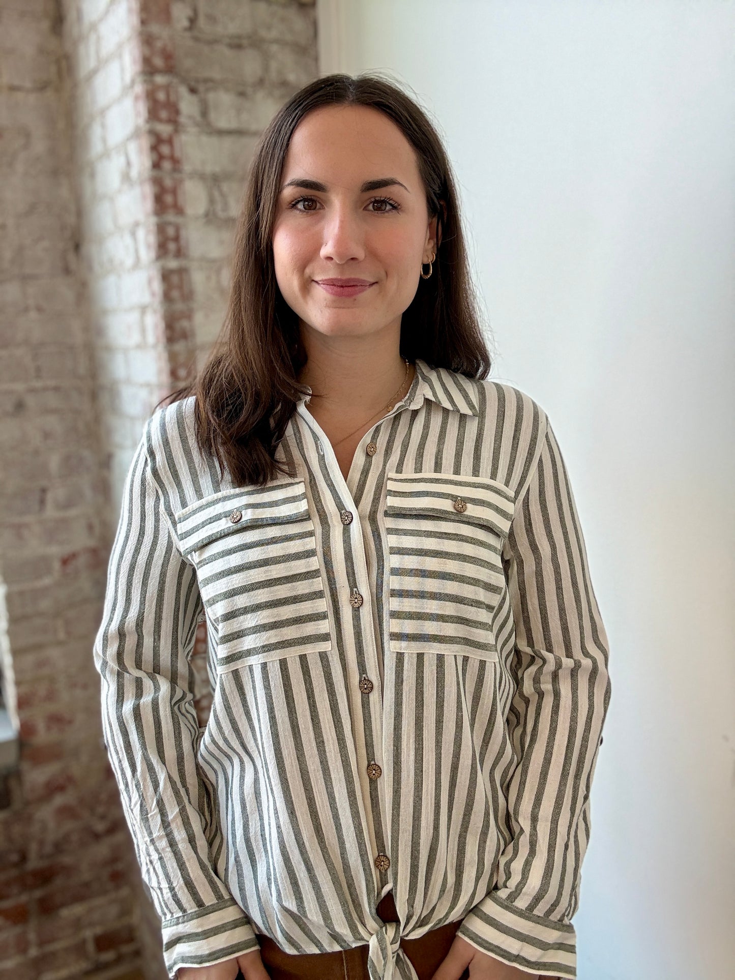 GREEN AND CREAM STRIPE LINEN BLOUSE