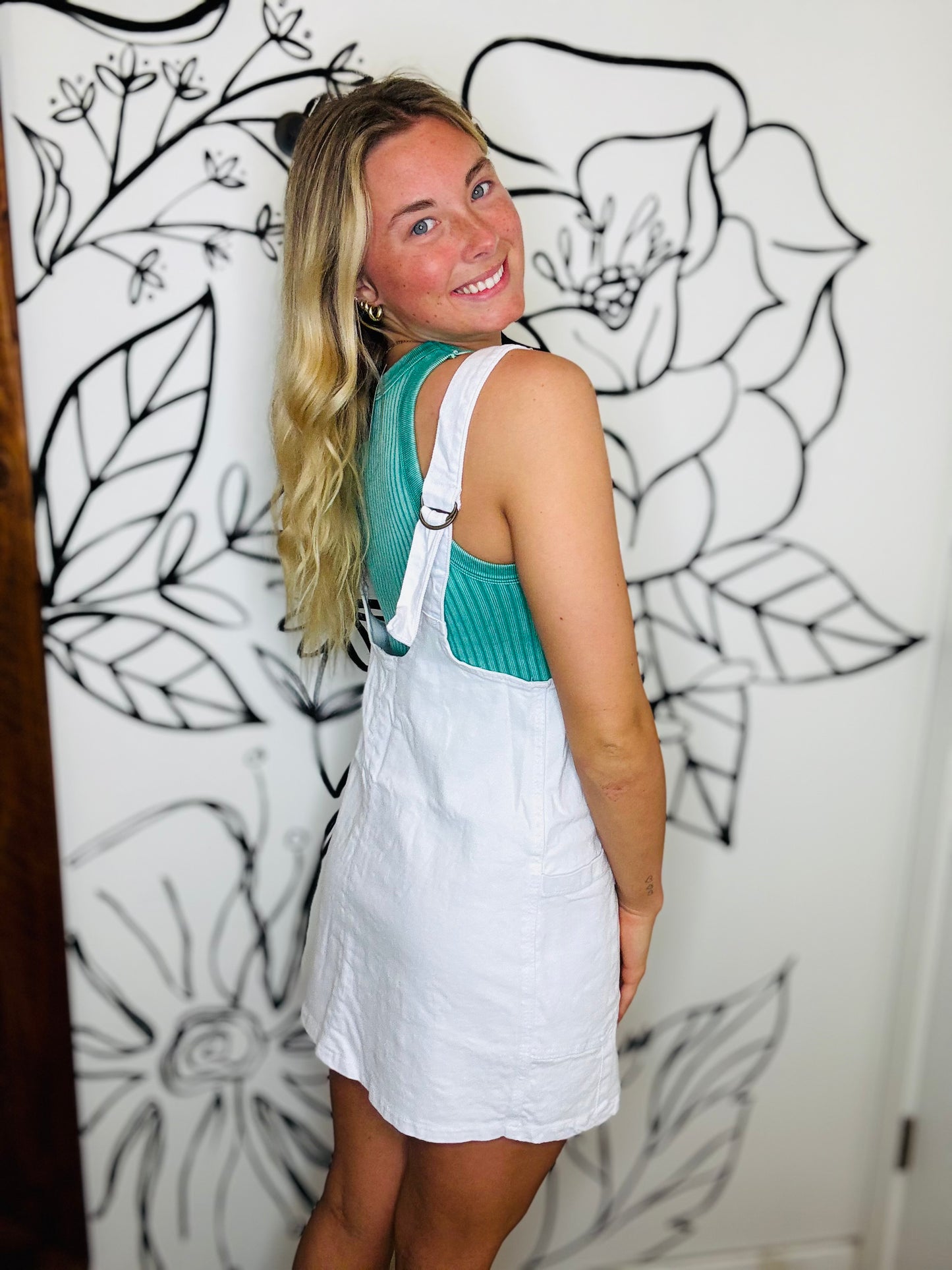WHITE DENIM OVERALL-STYLE MINI DRESS