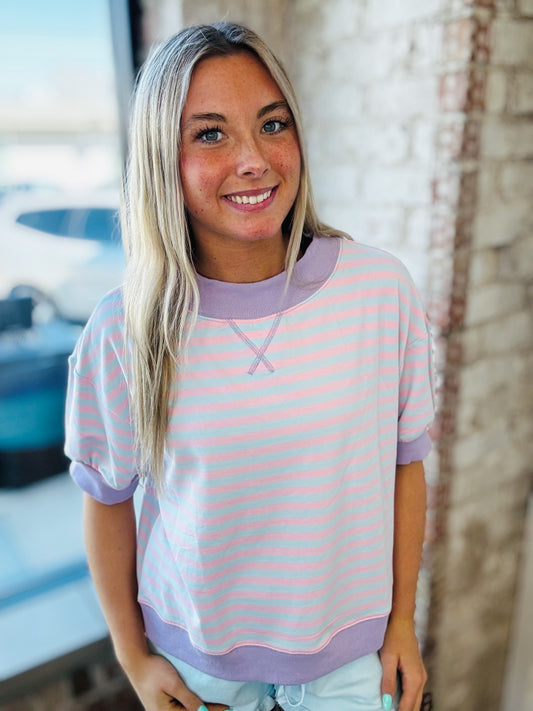Oversized Stripe Short Sleeve Sweatshirt