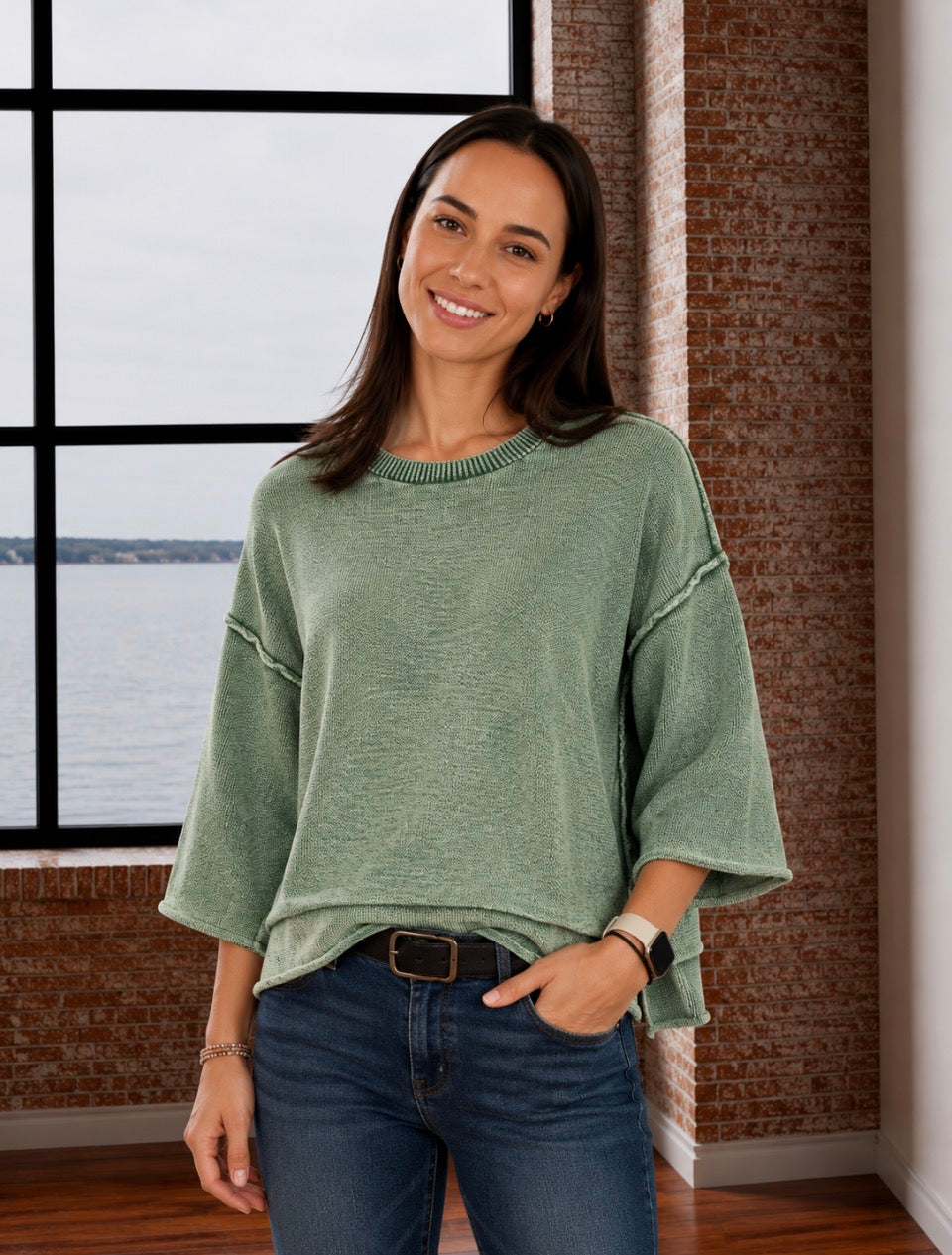 EMILY WASHED 3/4 SLEEVE SWEATER