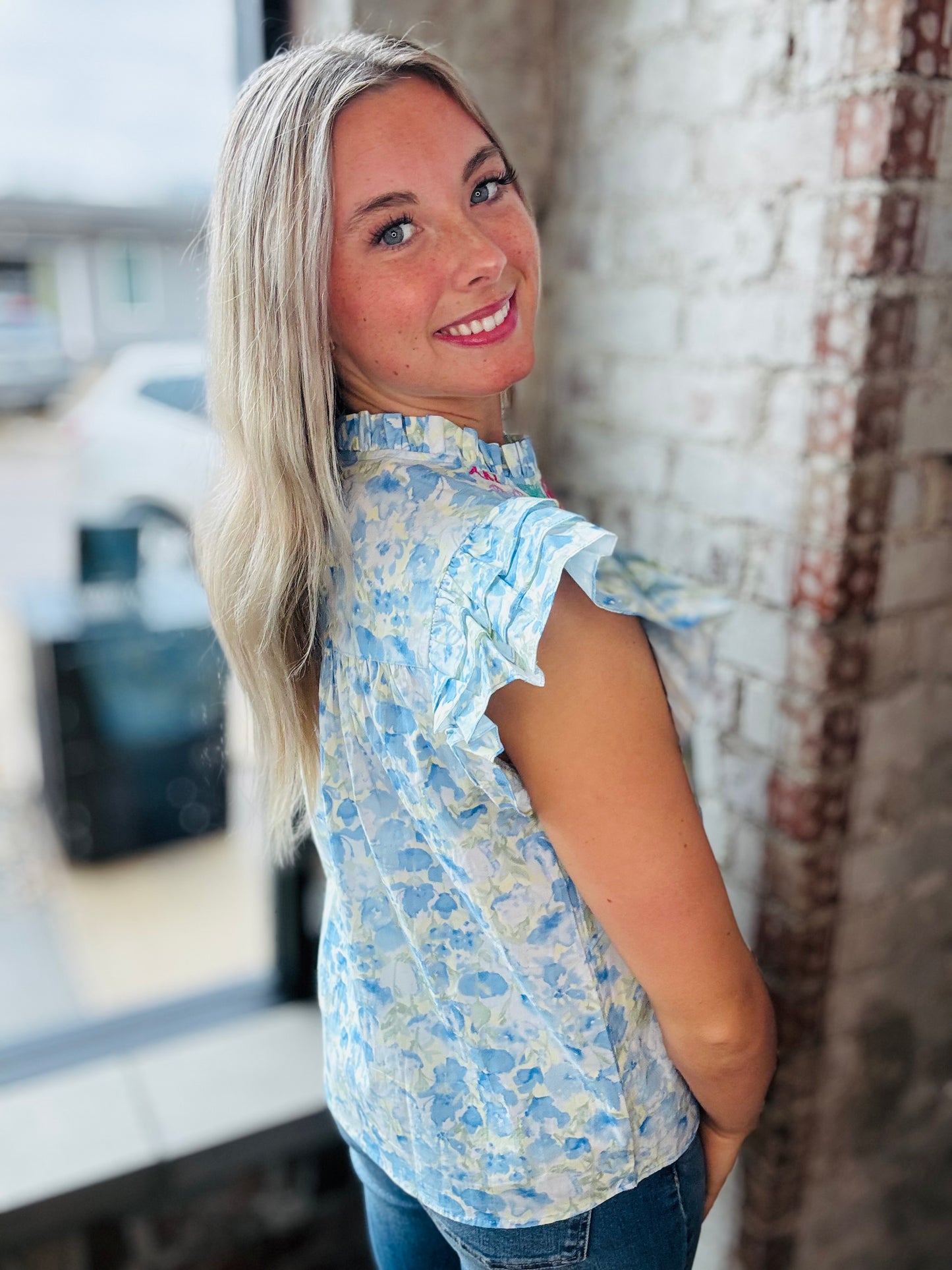 Floral Embroidery Flutter Sleeve