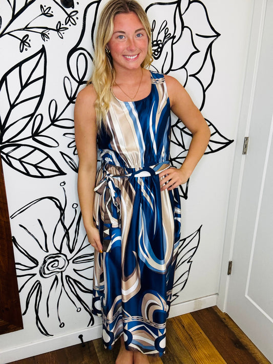 NAVY PRINT MAXI SLEEVELESS DRESS