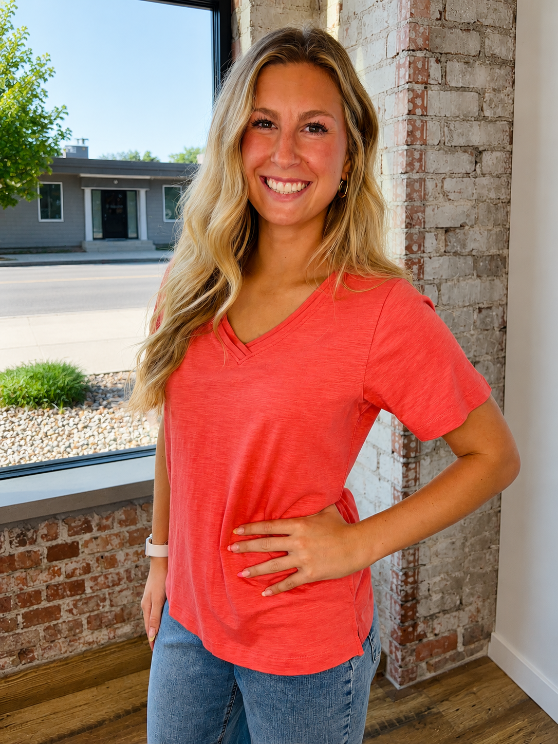 CORAL CRUSH V-NECK TOP