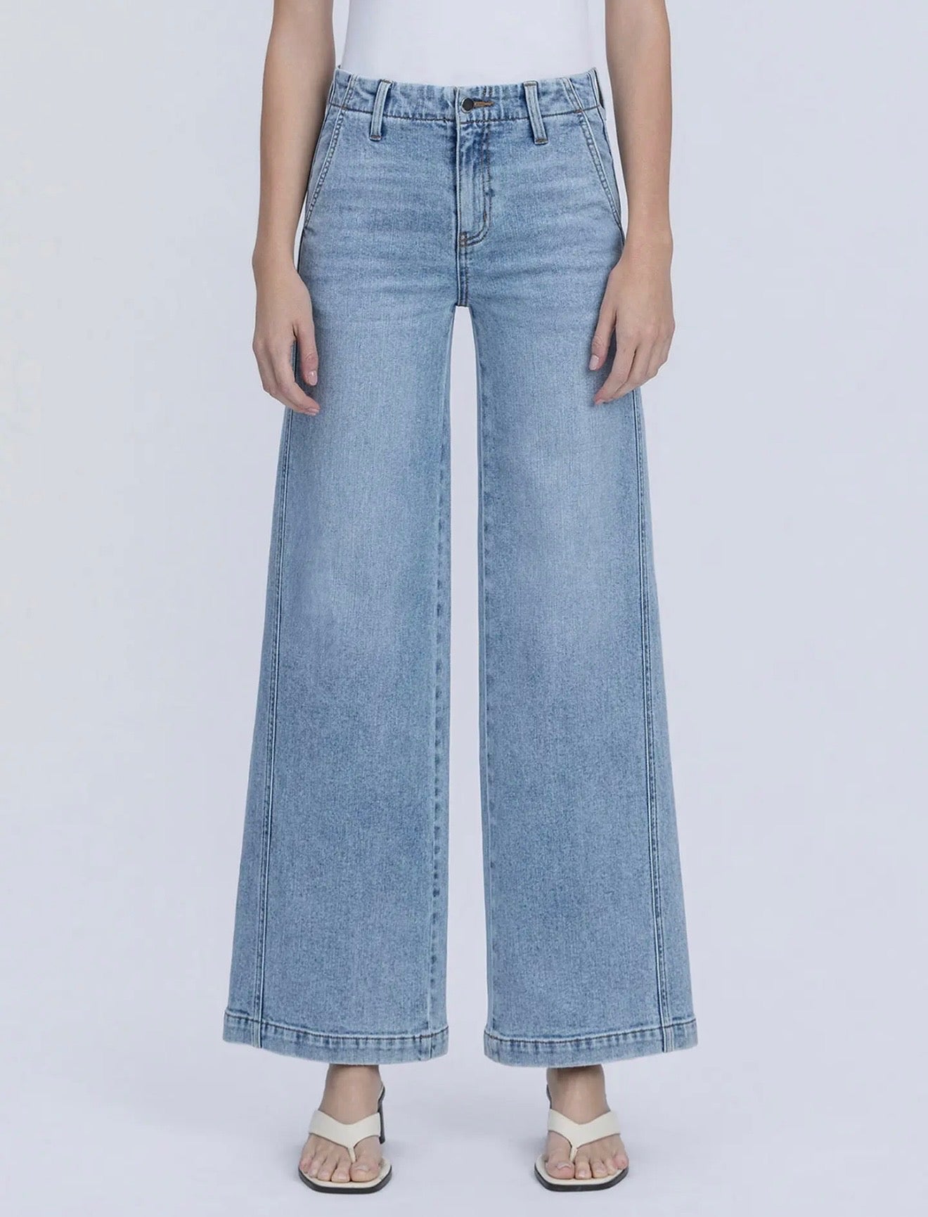 FLYING MONKEY LIGHT-WASH HIGH-RISE TROUSER HEM TWIST WIDE-LEG DENIM