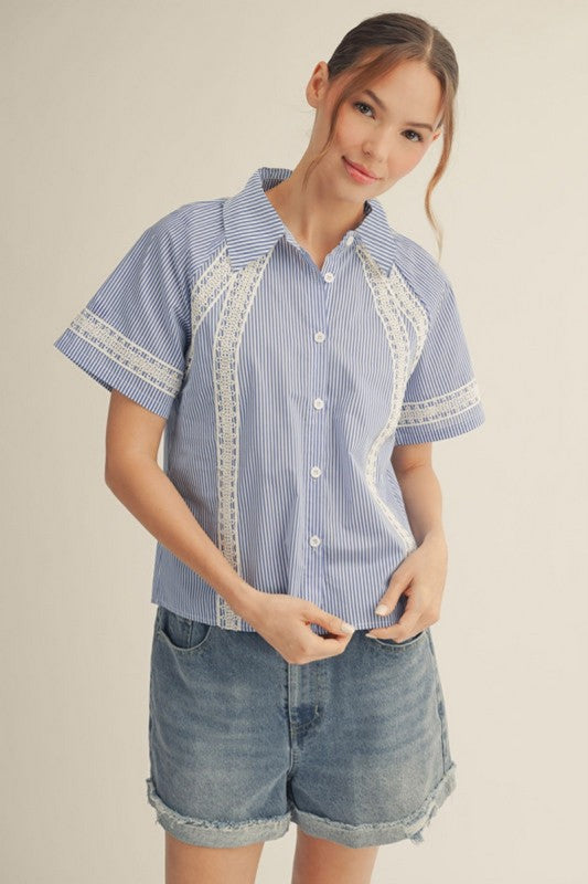ROYAL BLUE LACE ACCENT STRIPE TOP