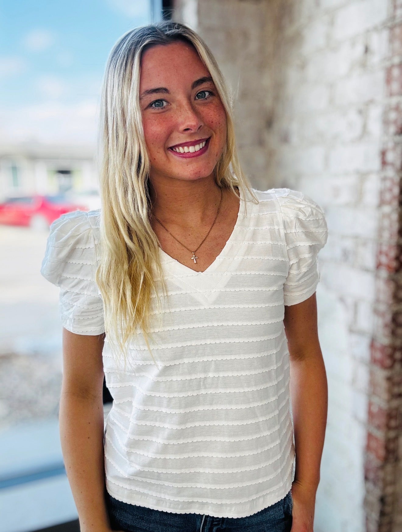 Textured White Strip Top