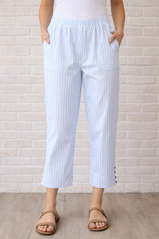 Wild Palms Turquoise & White Mini Stripe Pull-On Capri