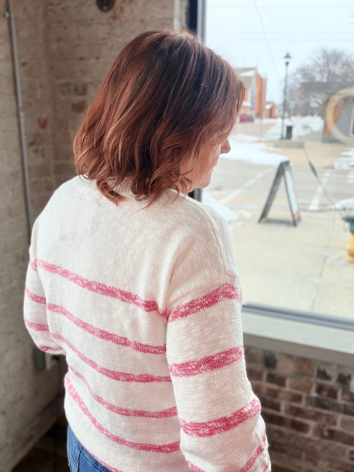 Off White & Pink Striped Sweater