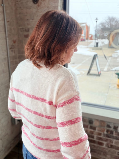 Off White & Pink Striped Sweater