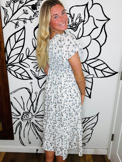 IVORY FLORAL PRINT MIDI DRESS