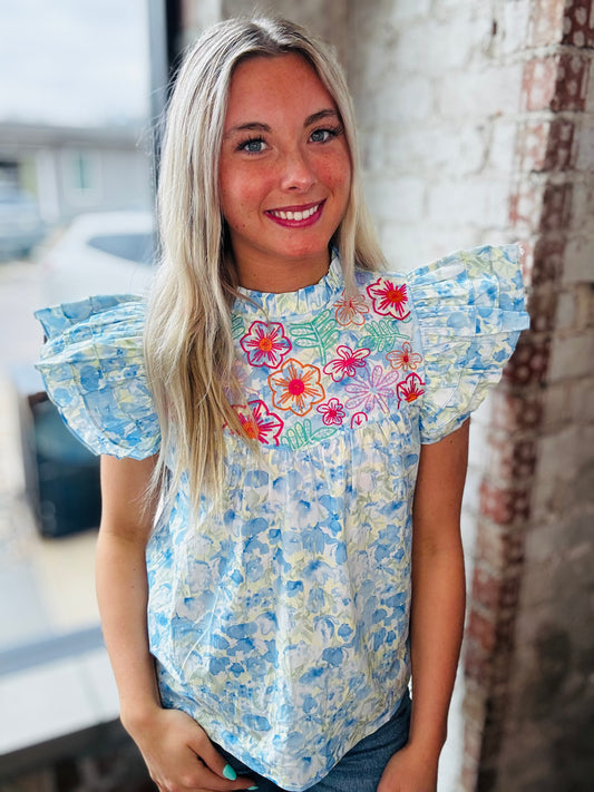Floral Embroidery Flutter Sleeve