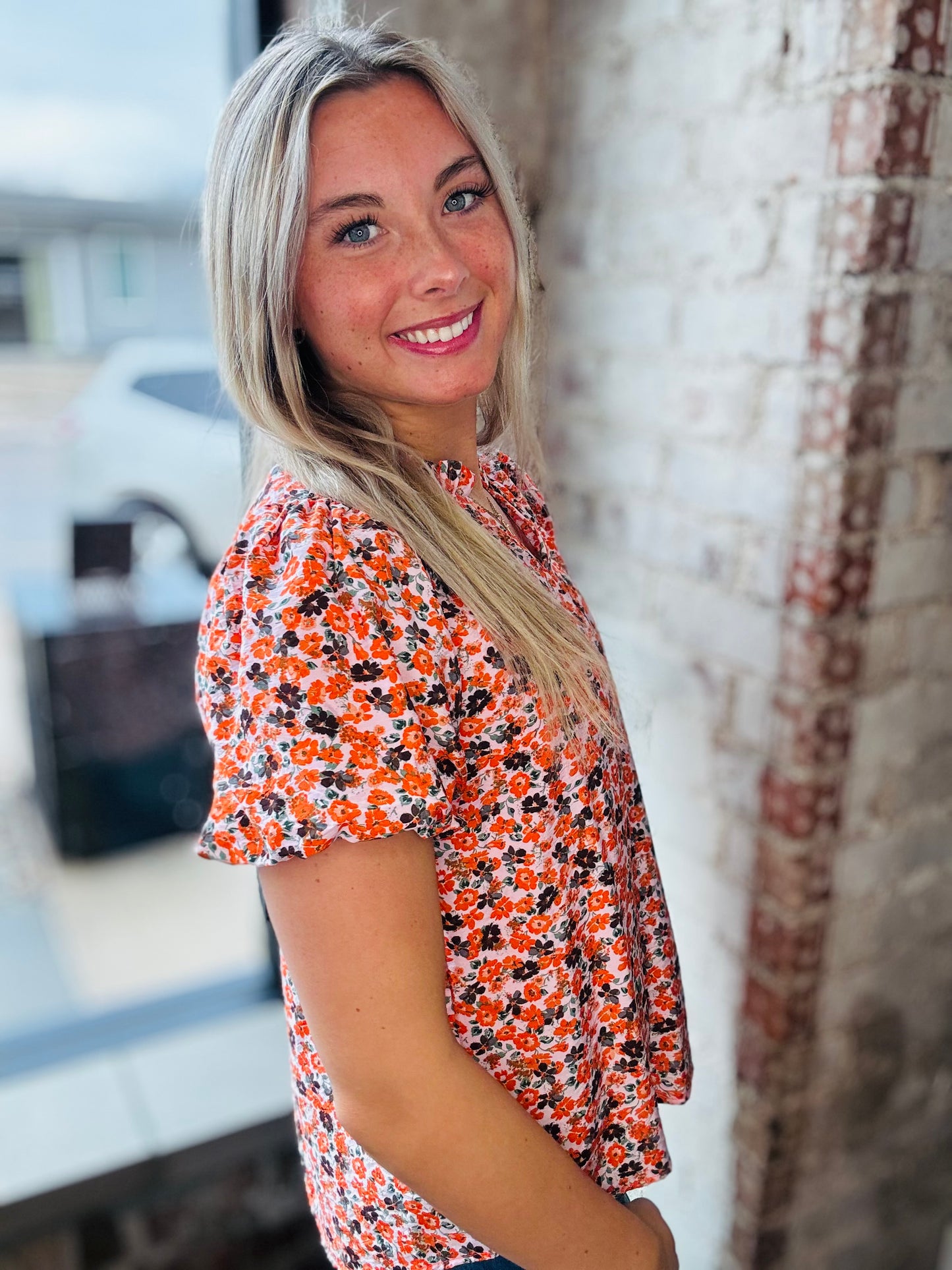 Orange & Navy Floral Top