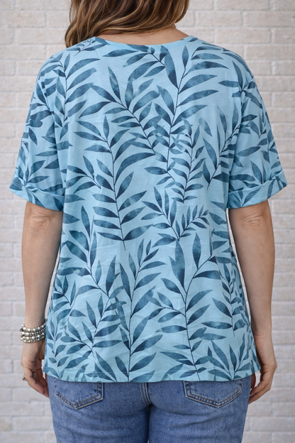 Wild Palms Turquoise Leaves Side Pocket Top