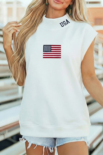 WHITE USA EMBROIDERED HIGH NECK CAP SLEEVE TOP