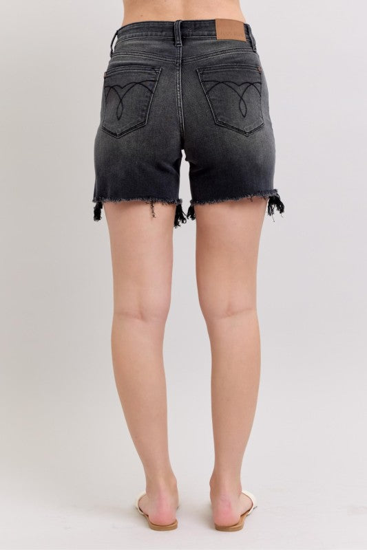 JUDY BLUE CHARCOAL-WASH MID-RISE TWO BUTTON DAD SHORTS