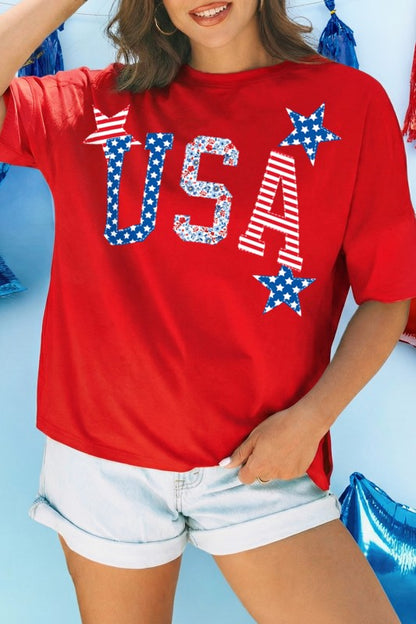 RED PATCHWORK “USA” OVERSIZED GRAPHIC TEE