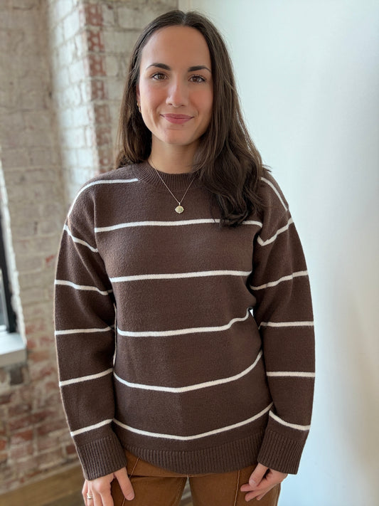 CHOCOLATE BROWN AND WHITE PINSTRIPE SWEATER￼