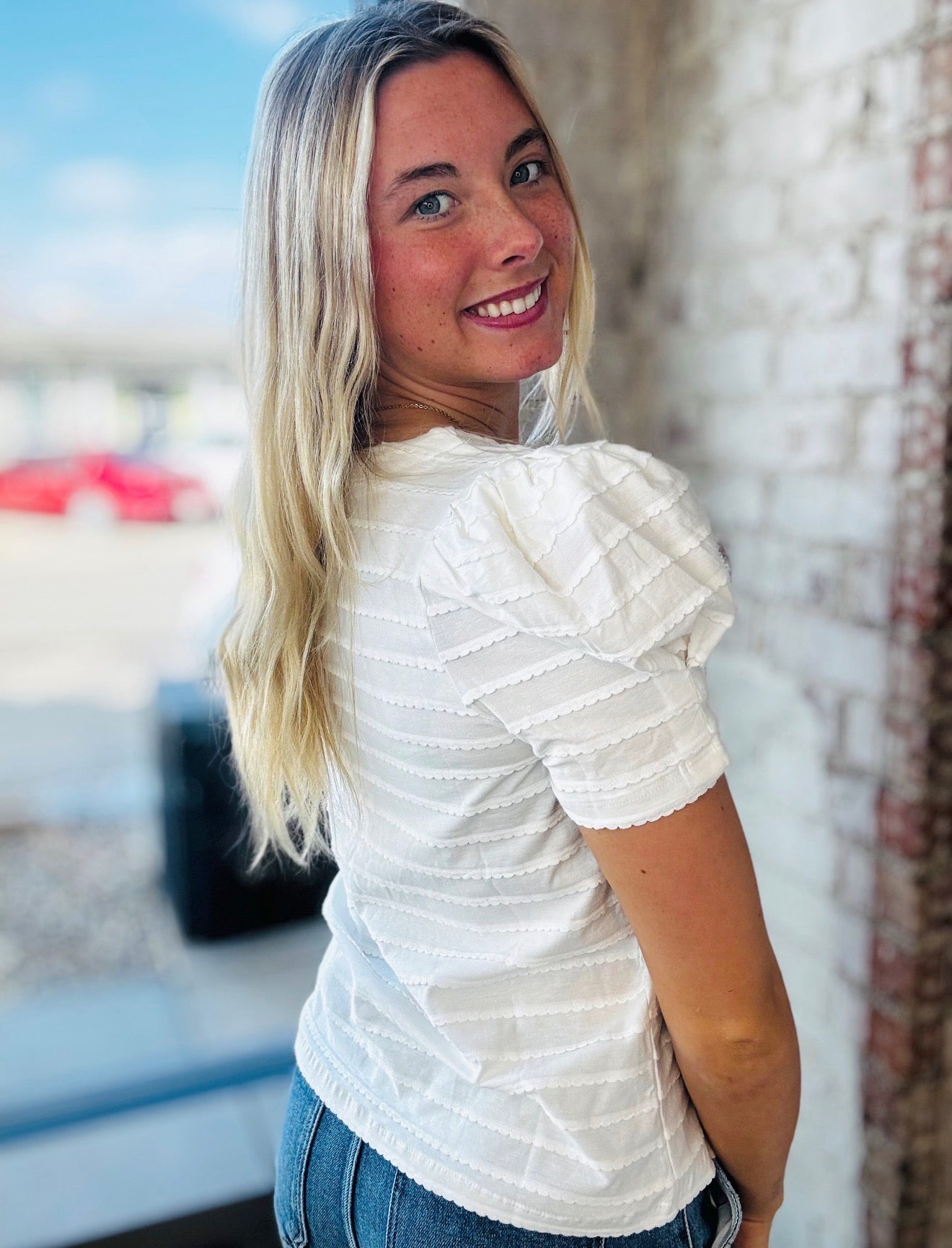 Textured White Strip Top