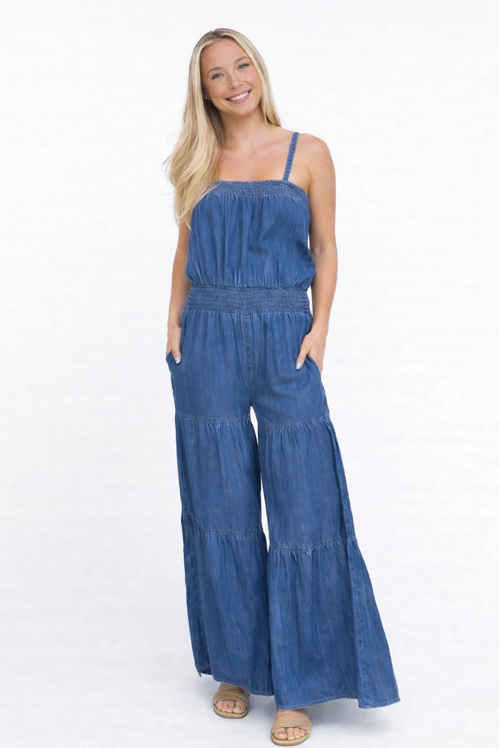 DARK WASH FLARE LEG DENIM JUMPSUIT