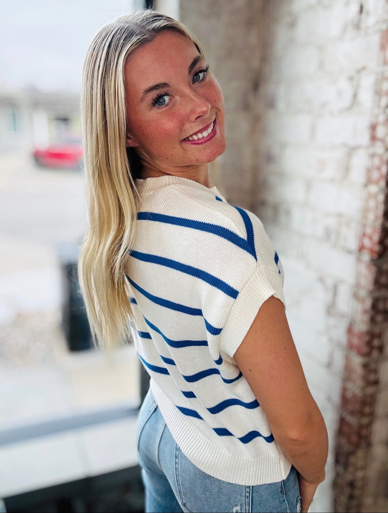 Royal Blue Stripe Short Sleeve Sweater