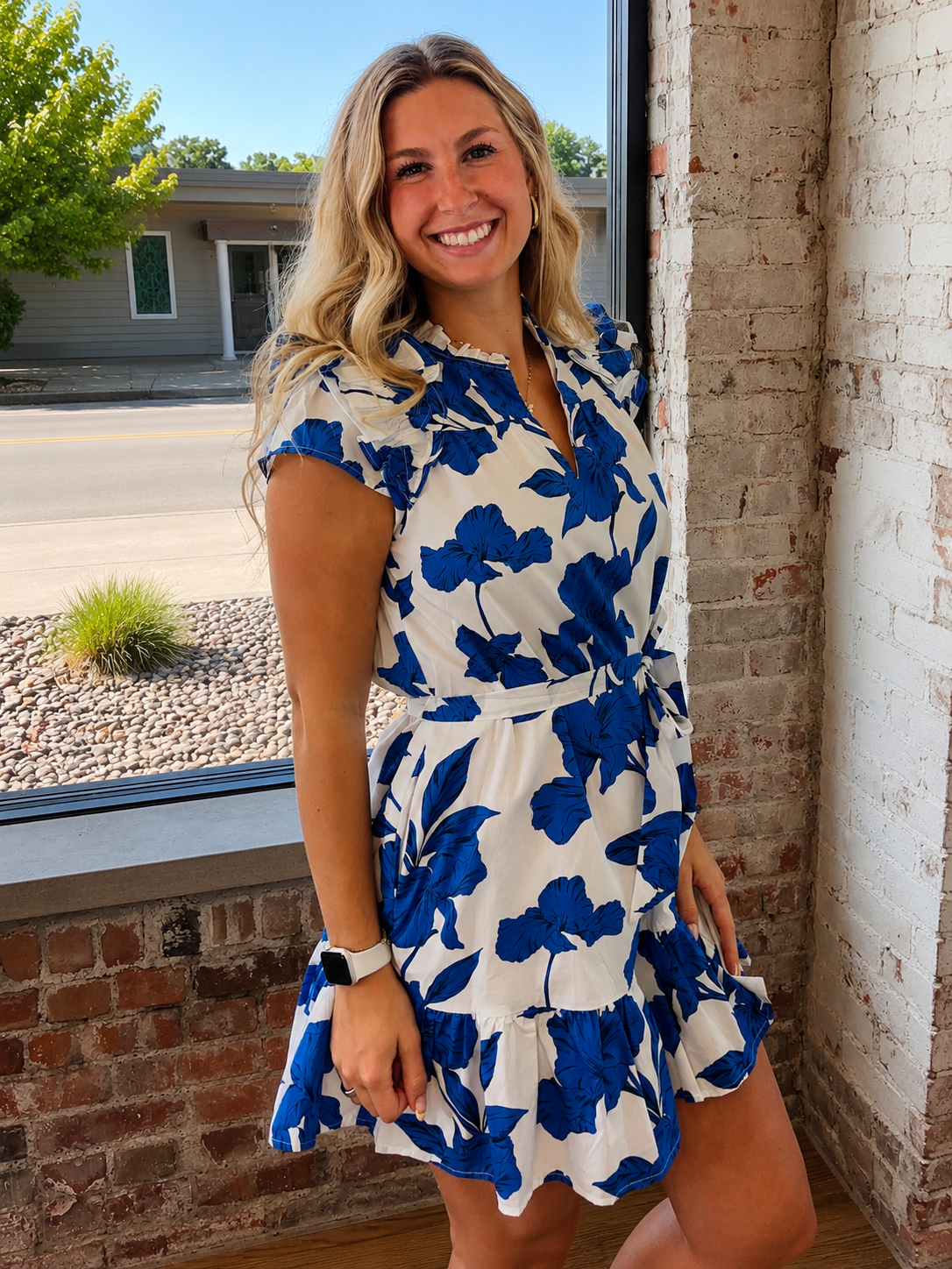 ROYAL BLUE & WHITE FLORAL PRINT SLEEVELESS DRESS