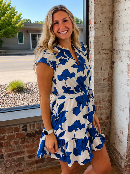 ROYAL BLUE & WHITE FLORAL PRINT SLEEVELESS DRESS