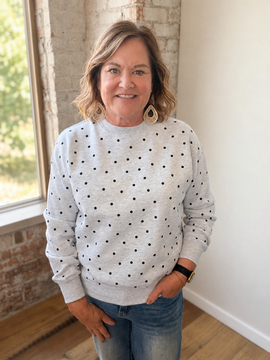 HEATHER GRAY BLACK POLKA DOT SWEATSHIRT