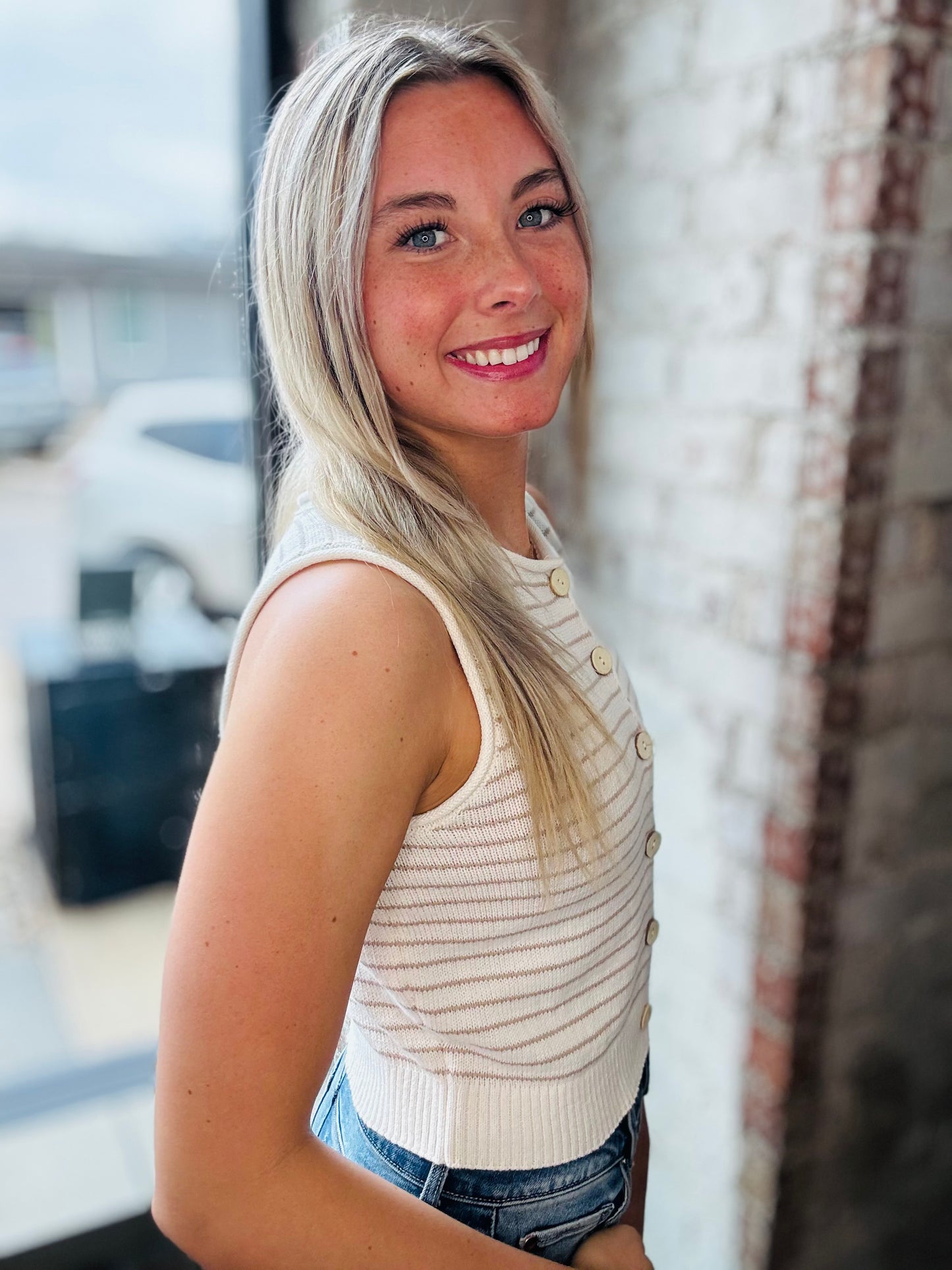 Mocha Stripe Button Down Sleeveless Top