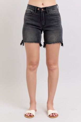 JUDY BLUE CHARCOAL-WASH MID-RISE TWO BUTTON DAD SHORTS