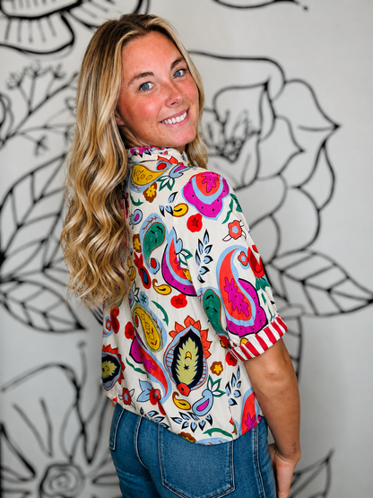 VIBRANT PRINT PAISLEY BUTTON-DOWN TOP