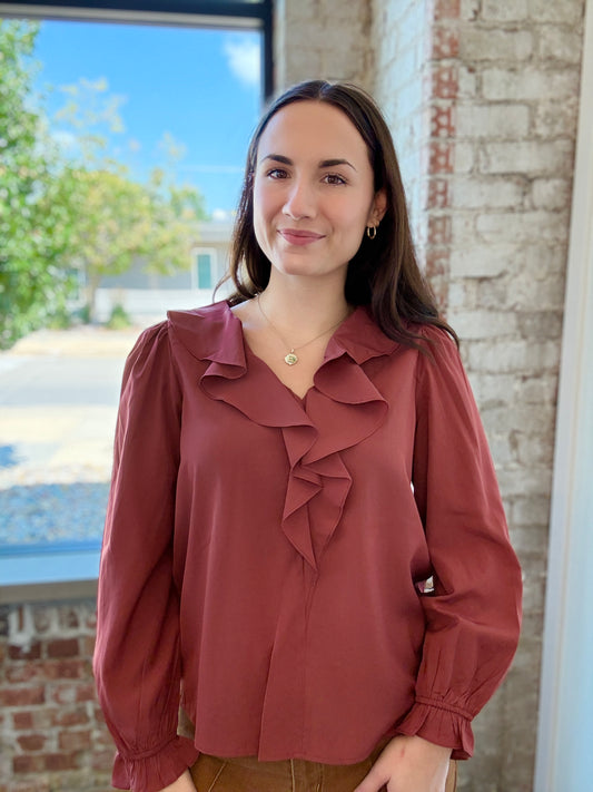 MAROON CHIFFON RUFFLE BLOUSE