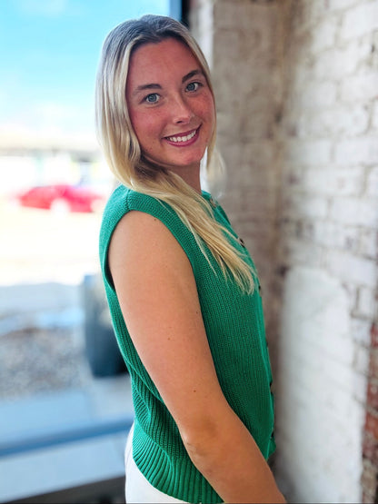 Kelly Green Button Down Sleeveless Sweater Vest