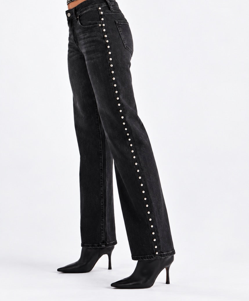 MICA MID-RISE EMBELLISHED SIDE BLACK JEAN