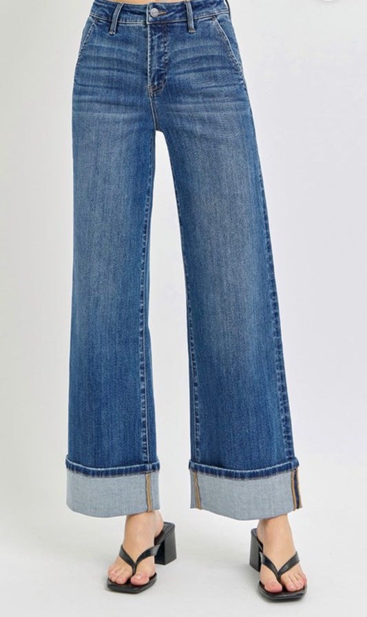 RISEN TUMMY CONTROL HIGH RISE ANKLE WIDE CUFFED JEANS
