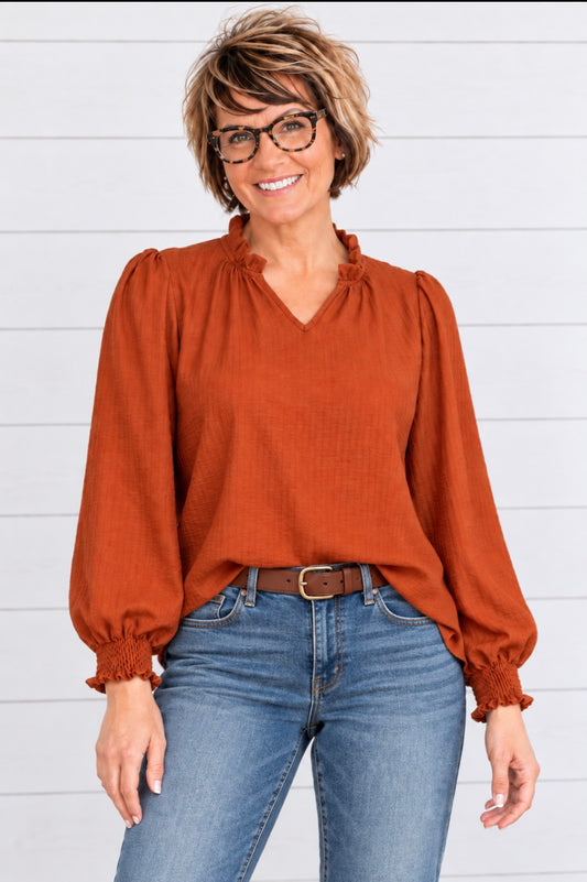 TEXTURED SOLID RUFFLE NECK LONG SLEEVE BLOUSE