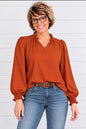 TEXTURED SOLID RUFFLE NECK LONG SLEEVE BLOUSE