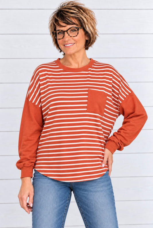 JES STRIPED LONG SLEEVE TOP WITH POCKET TEE