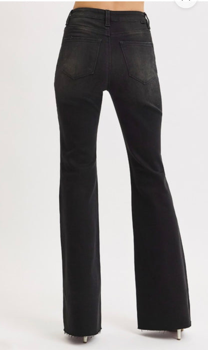 RISEN BLACK HIGH RISE FLARE RAW CUT HEM JEAN