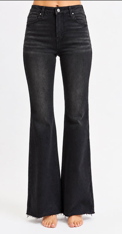 RISEN BLACK HIGH RISE FLARE RAW CUT HEM JEAN