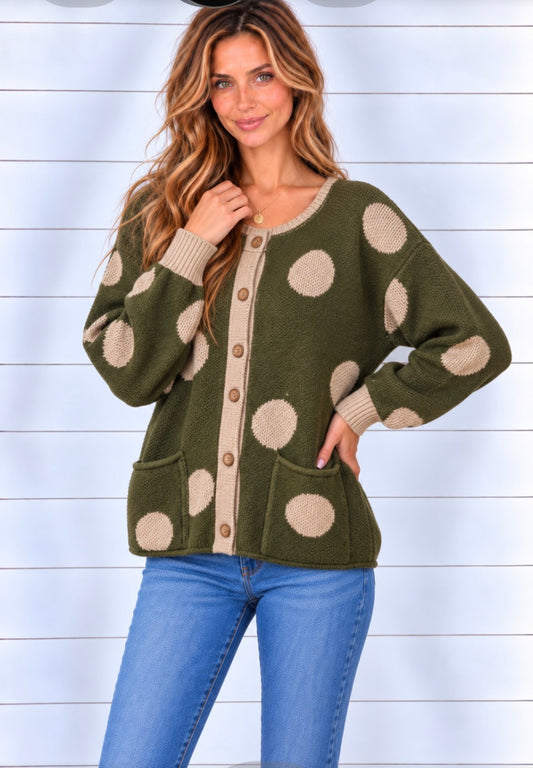 KEANNA BUTTON DOWN POLKA DOT JACQUARD CARDIGAN