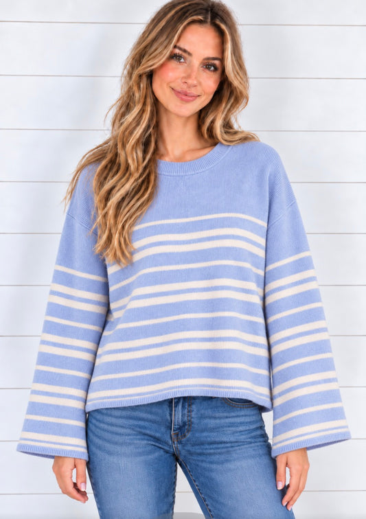 STRIPE FUZZY CREW NECK
PULLOVER SWEATER