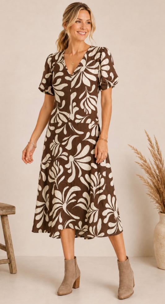 JESSICA BROWN & CREME BUBBLE SLEEVE MIDI DRESS