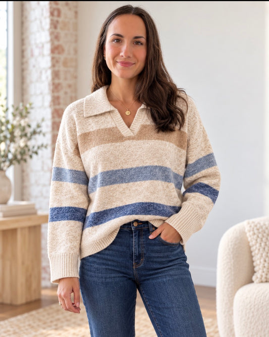 STRIPED PULLOVER COLLARED
SWEATER