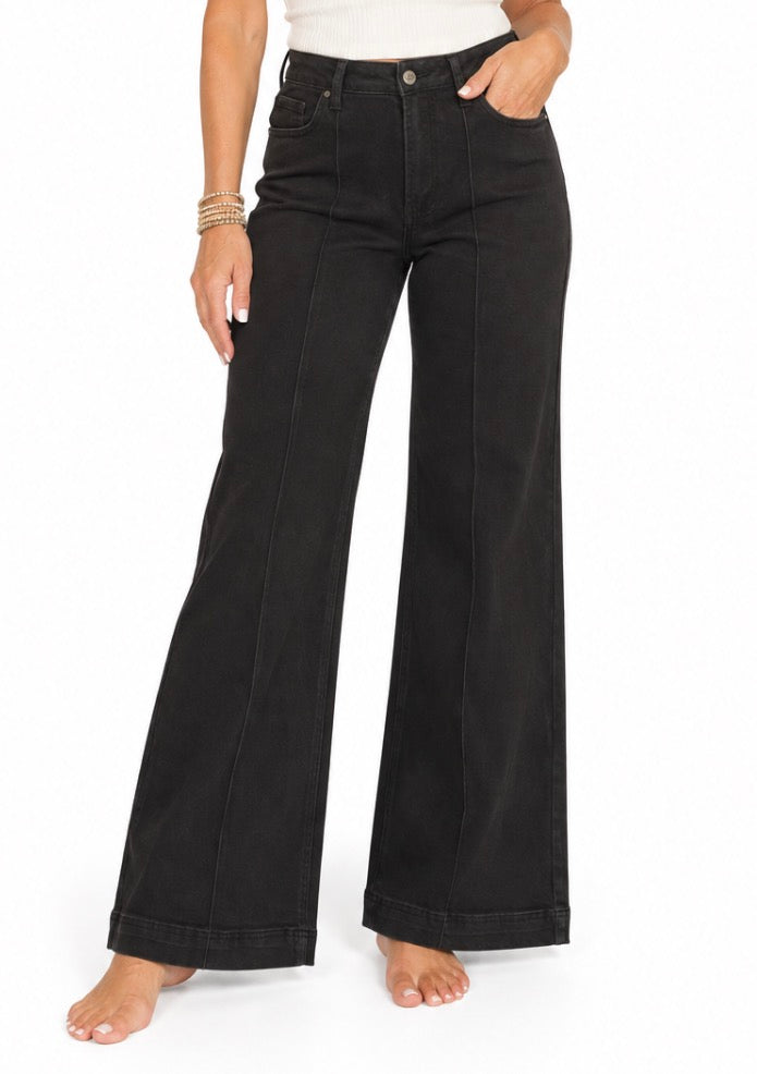 HIGH RISE WIDE LEG PINTUCK COLOR DENIM PANTS