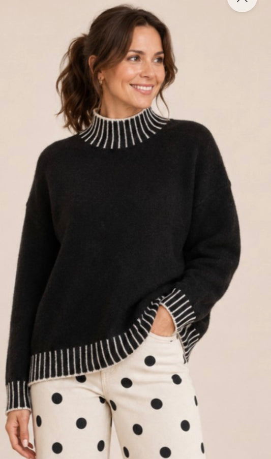 MOCK NECK FUZZY SWEATER W/ CONTRAST STITCHING