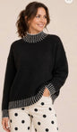 MOCK NECK FUZZY SWEATER W/ CONTRAST STITCHING