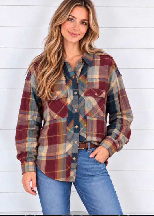 STACEY LONG SLEEVE PLAID
COLOR BLOCK SHIRT